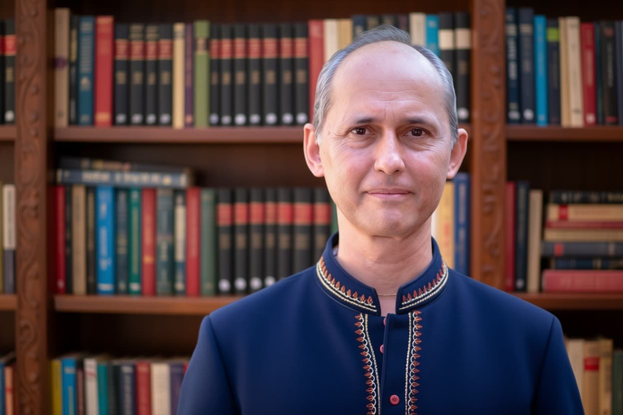 Retrato do professor Robson Chepkassoff Chaves diante de uma biblioteca